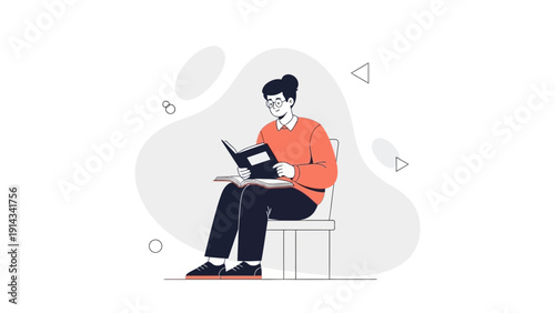 Student Reading Book on Chair, Education Concept, Flat Design