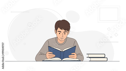 Young man reading a book at a desk with stack of books, education and learning concept