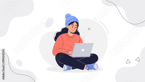 Young Woman Working on Laptop, Cozy Winter Outfit, Online Learning, Remote Work