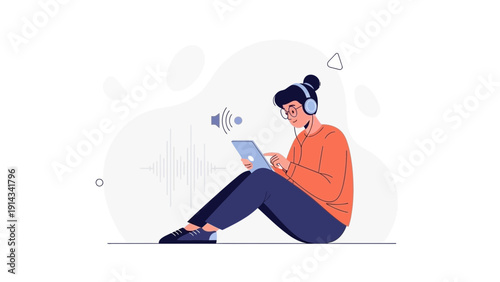 Young person with headphones listening to music on tablet with sound waves