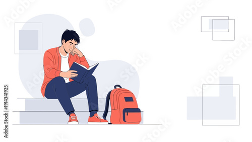 Young man reading a book sitting on steps, backpack next to him, studying, education concept