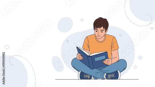 Young Man Reading Book Sitting Cross-legged, Studying, Learning, Knowledge, Education Concept