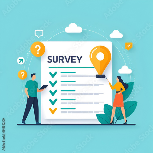 Survey banner web icon vector illustration concept for customer satisfaction questionnaire feedback with icon of evaluation, research, interview and result