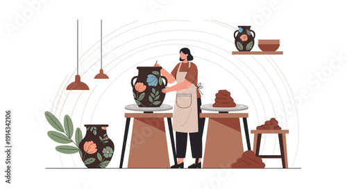 Artisan Woman Decorating Pottery on Wheel, Ceramic Craft Studio Scene