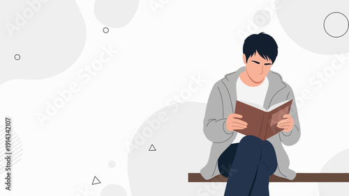 Young man reading a book, modern flat design illustration, calm and focused