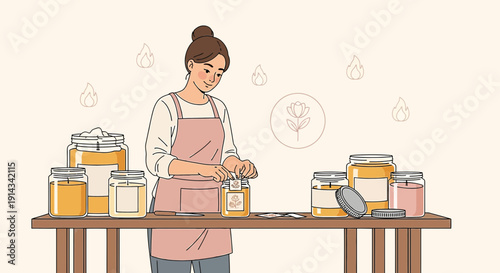 Artisan Woman Packaging Homemade Jam or Honey in Jars, Craft Workshop