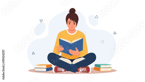 Young Woman Reading Book Sitting Cross-legged Surrounded by Books