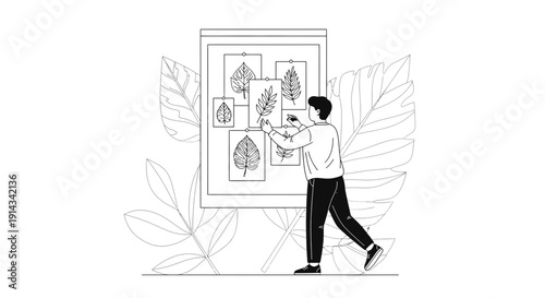 Artist Arranging Botanical Art Display of Leaves and Insects in Studio