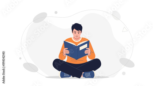 Man Reading Book Sitting Cross-legged, Knowledge, Learning, Education Concept