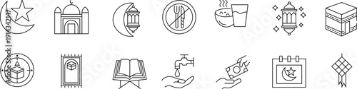 Ramadan Community And Worship – Pulpit Sermons, Zakat Donations, And Fasting For Religious Education And Social Media. Minimal Ramadan line icons set with mosque crescent lantern prayer mat and Islam