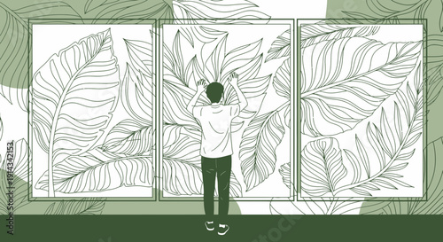 Artist Arranging Botanical Art Panels with Leaf Patterns