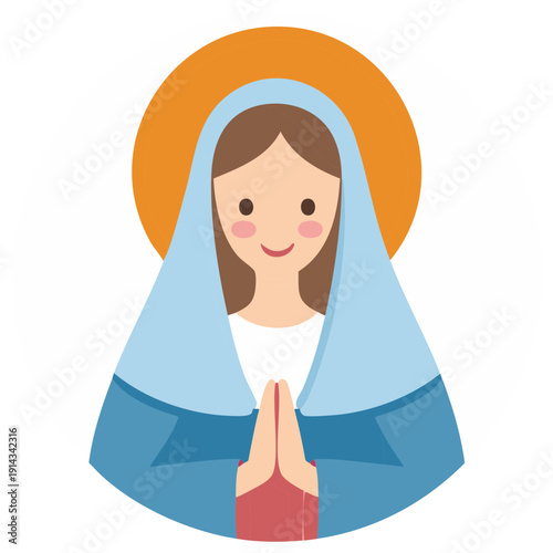 Stylized illustration of a woman wearing a blue veil and prayer hands with a halo above her head