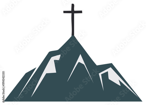 Stylized mountain summit featuring a prominent Christian cross religious icon