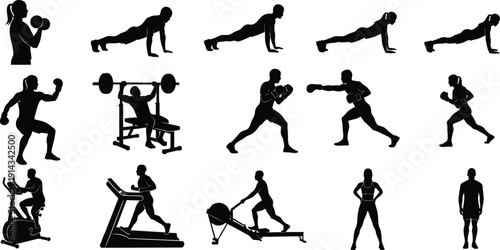 Collection of black silhouettes illustrating various fitness exercises and sports activities on transparent background sports fitness