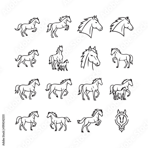 Collection of Horse Silhouettes and Line Art Illustrations in Various Poses