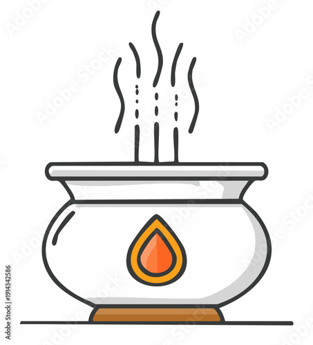 Cartoon Vaporizer Icon Illustration: White Pot with Flame Symbol and Rising Vapors
