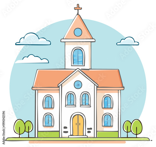 Stylized church building with cross on steeple and colorful clouds in clear blue sky