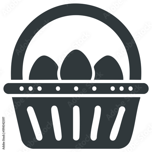 Simple graphic icon featuring a dark woven basket full of three fresh eggs symbol for market food