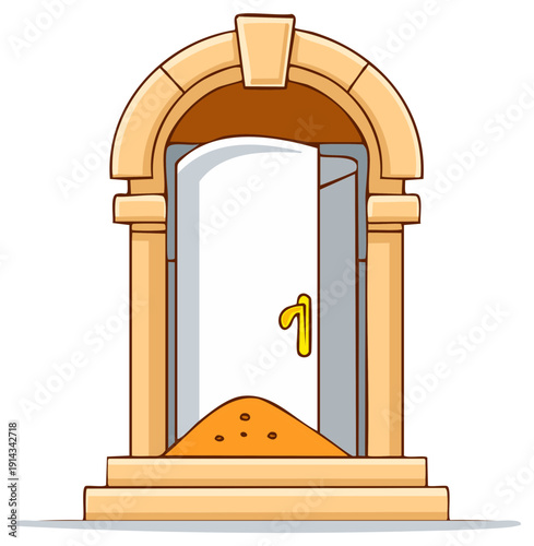 Arched cartoon stone doorway with an open door and a sand pile barrier.