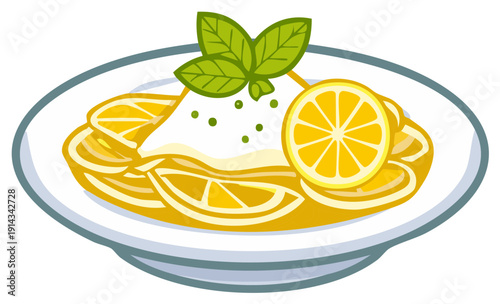 Delicious lemon dessert topped with fresh mint leaves and citrus slices