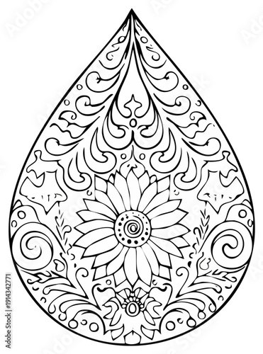 Ornate hand drawn floral illustration in a teardrop shape with a central sunflower for coloring and relaxation