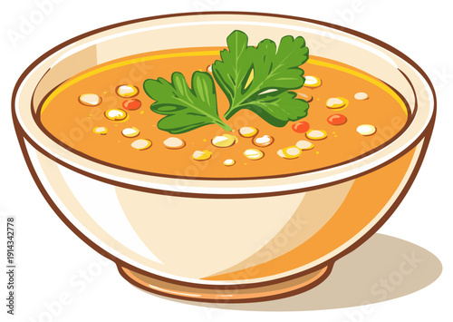 Cartoon illustration of a warm bowl of creamy vegetable soup with fresh parsley garnish