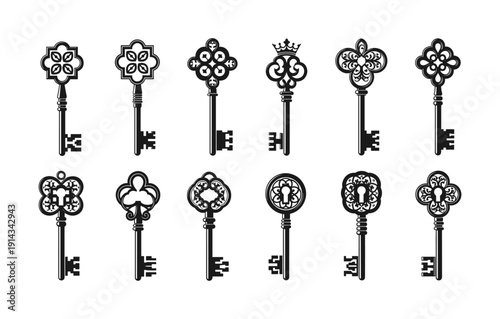 Ornate antique keys collection: vintage black and white silhouette designs