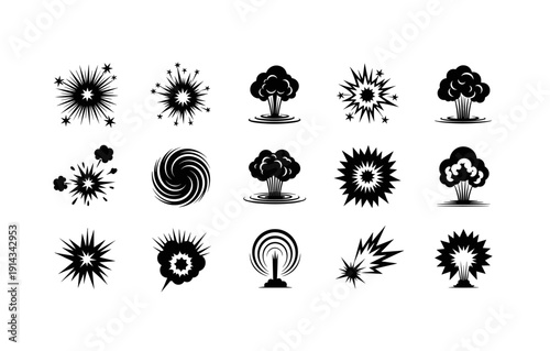 Black silhouette set of various explosive shapes and patterns for design