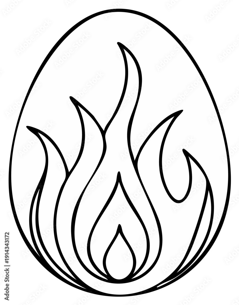 Fototapeta premium Graphic black outline drawing of an egg shape with abstract burning flames inside