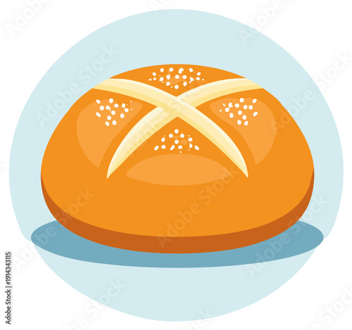 Golden brown baked bread roll with a classic cross cut and sesame seeds illustration