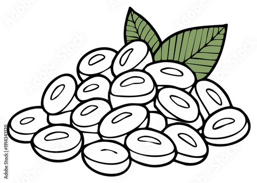 Simple graphic illustration featuring a pile of generic white bean shaped seeds with green leaves