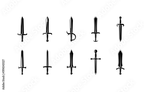 Collection of vintage sword icons in monochrome style