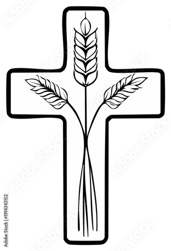 Christian Cross with Wheat Stalks Religious Symbol for Communion and Faith
