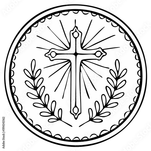 Christian Cross Symbol Adorned with Laurel Wreaths and Radiant Rays in a Circular Emblem
