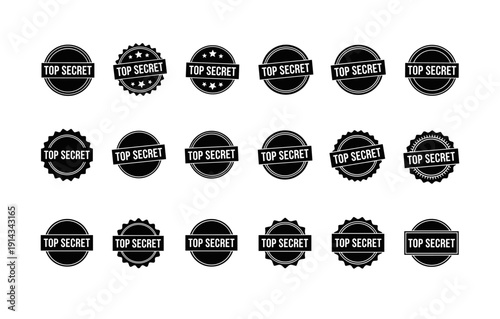 Collection of top secret stamps and badge designs in minimalist style