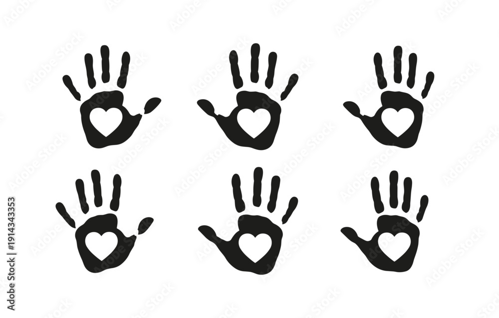 Fototapeta premium Black handprints with heart shapes inside on white background