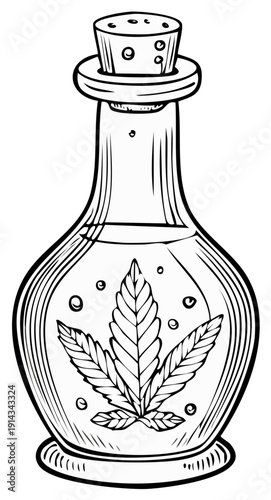 Illustration of a glass bottle with a cork stopper containing cannabis leaves and bubbles