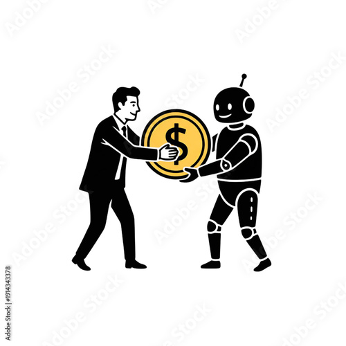 Businessman and AI Robot Holding Large Gold Dollar Coin - Fintech Collaboration and Digital Finance Concept Illustration