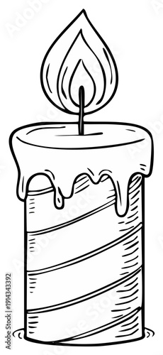 Hand drawn illustration of a single lit candle with melting wax and striped design