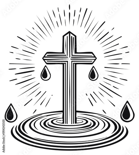 Religious cross graphic with dripping tears and radiating light symbolising faith