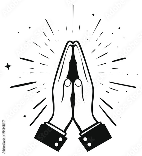 Hands in Prayer with Divine Light Rays Emanating from Fingers in Black and White