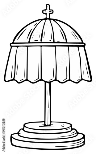 Monstrance or sacred Christian vessel with cross dome and draped fabric on a tiered base outline illustration