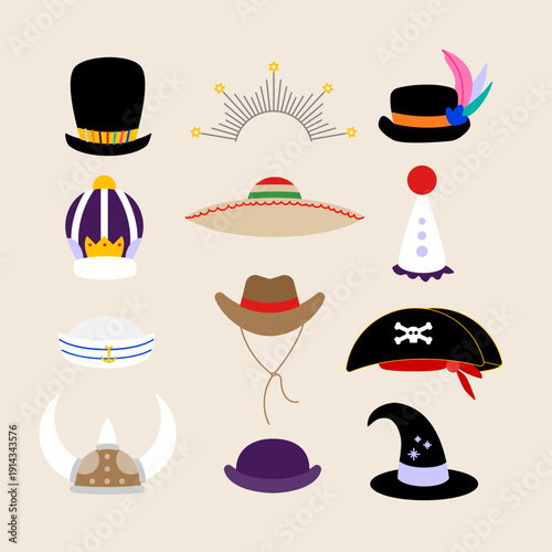 Set: Costume hat. Happy Carnival banner. Holiday celebration. Vector illustration, flat design