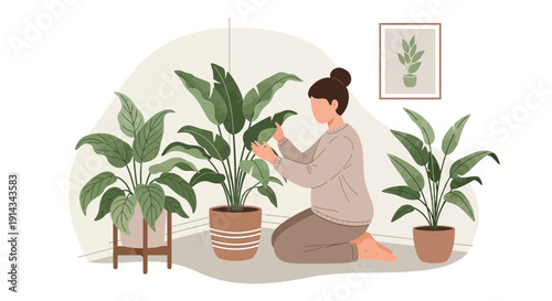 Woman Tending Houseplants, Home Gardening Hobby, Indoor Plants, Cozy Apartment