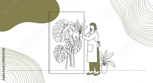Woman Tending Houseplants, Botanical Line Art Illustration, Minimalist Style
