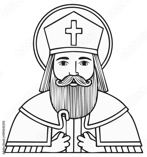 Saint Patrick religious figure with crosier and miter line art illustration