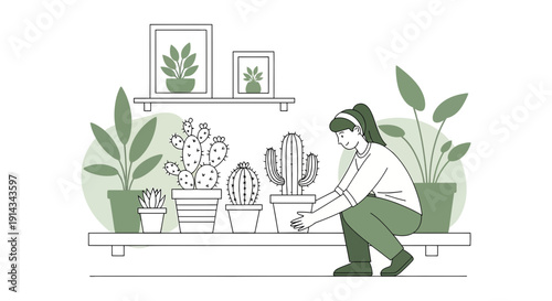 Woman Tending Houseplants, Indoor Gardening Hobby, Cacti and Greenery Collection