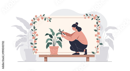 Woman Tending Potted Plant in Floral Frame - Gardening Hobby Illustration