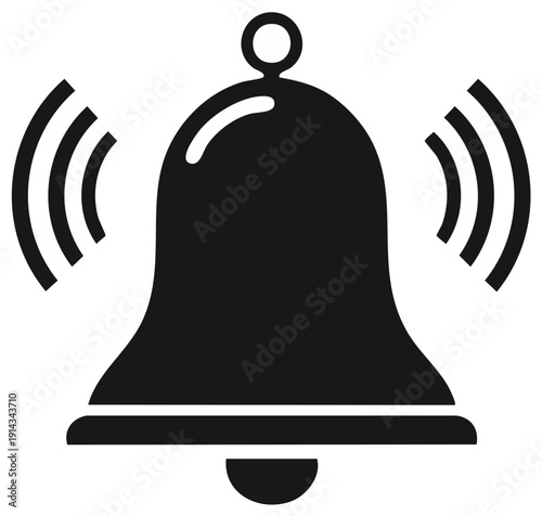 Silhouette illustration of a ringing bell with sound waves, alert icon