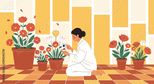 Woman Tending Potted Flowers, Garden Care, Spring Bloom